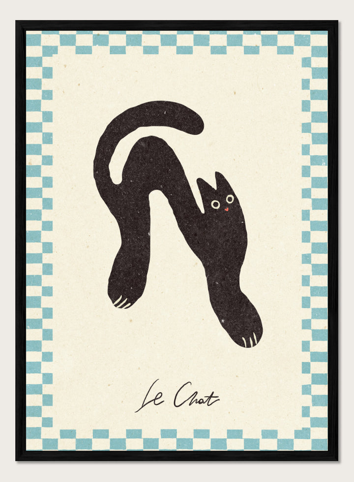 Shop Le Chat No.02 by NKTN, a playful black cat wall art print poster featuring a stretched cat, checkerboard border, and quirky vintage-inspired style.