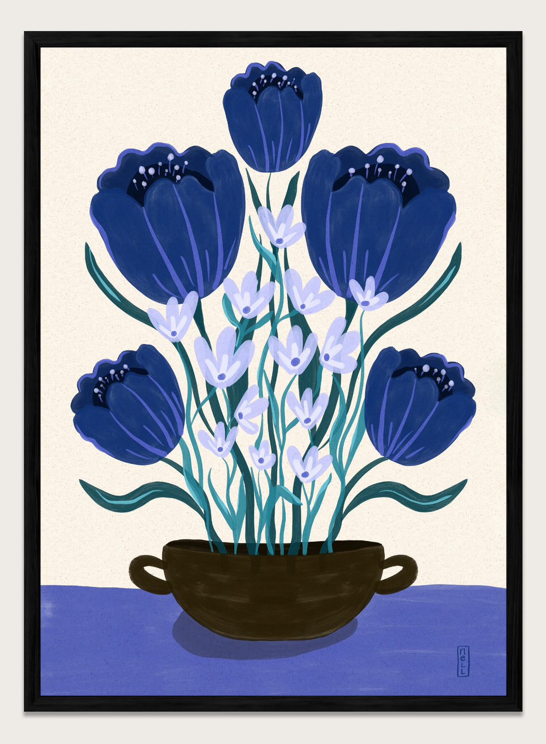 Artistic depiction of blue flowers in a black pot on a beige background. Blue Floral Arrangement by Dirkie Nell is a botanical floral art print featuring deep blue flowers, folk inspired illustration, modern wall art, and expressive hand painted details.