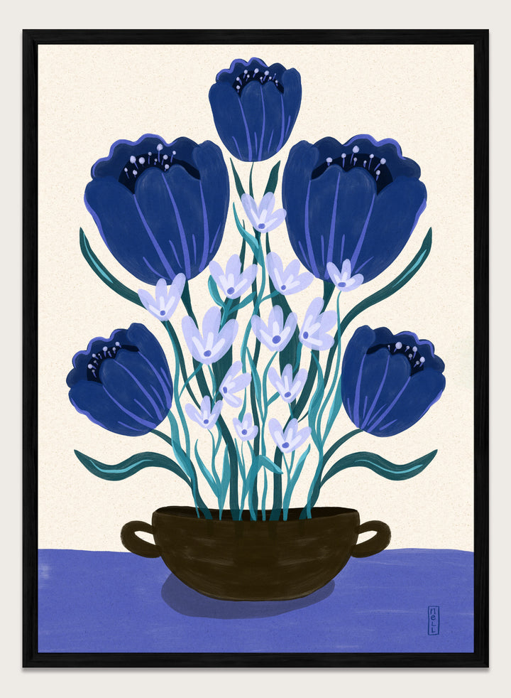 Artistic depiction of blue flowers in a black pot on a beige background. Blue Floral Arrangement by Dirkie Nell is a botanical floral art print featuring deep blue flowers, folk inspired illustration, modern wall art, and expressive hand painted details.
