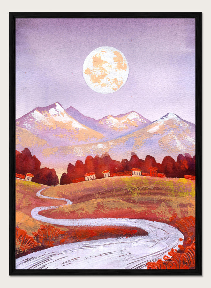 Shop Moonlit Mountain Village by Ekaterina Prisich, a mountain landscape art print featuring a winding road, village homes, a full moon, and soft evening color.