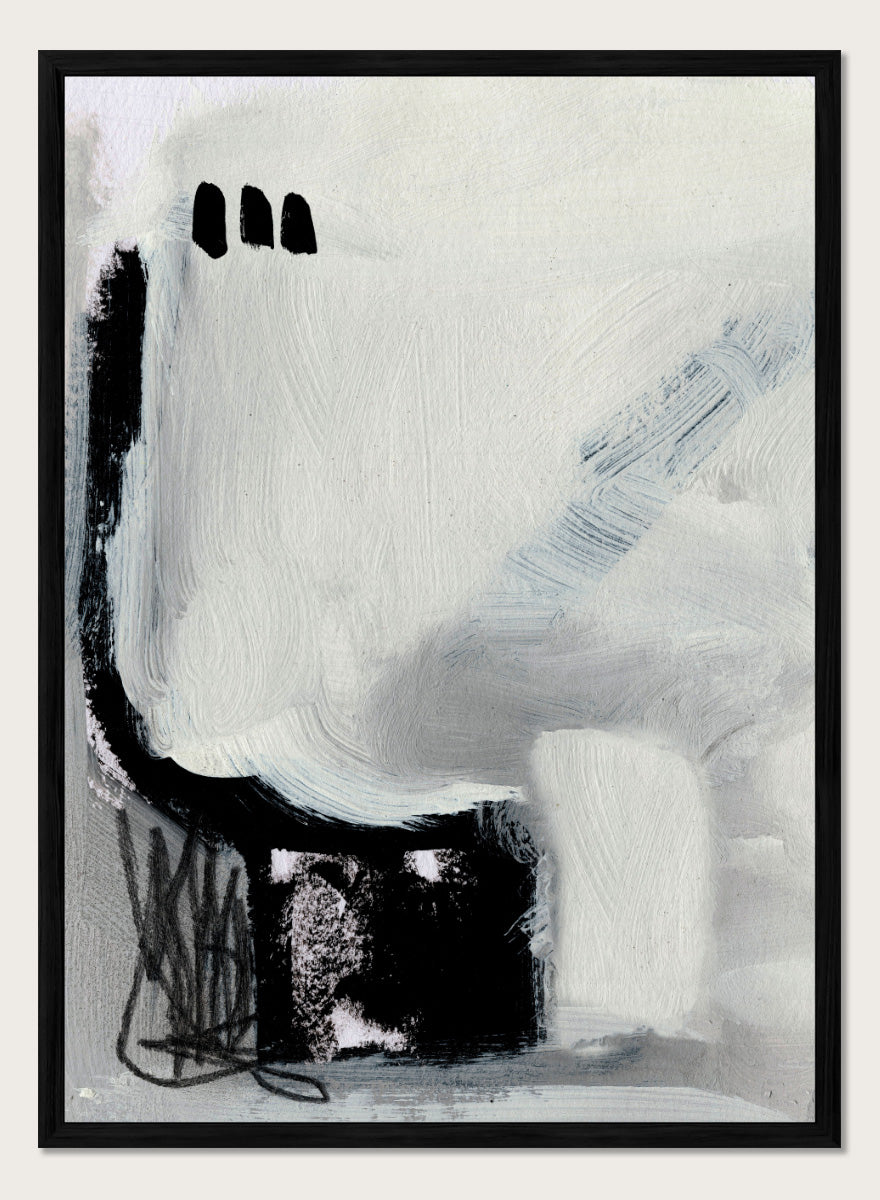 Shop Beyond No.02 by Dan Hobday, a minimalist abstract wall art print poster featuring expressive black forms and soft gray brushwork on a white ground.
