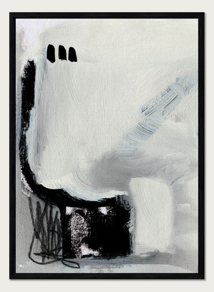 Shop Beyond No.02 by Dan Hobday, a minimalist abstract wall art print poster featuring expressive black forms and soft gray brushwork on a white ground.