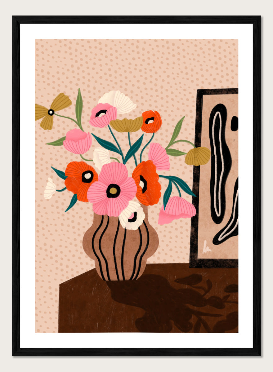Shop Vibrant Poppy Bouquet by Bea Müller, a floral wall art print poster featuring colorful poppies in a striped vase with bold pink tones and modern still life style.