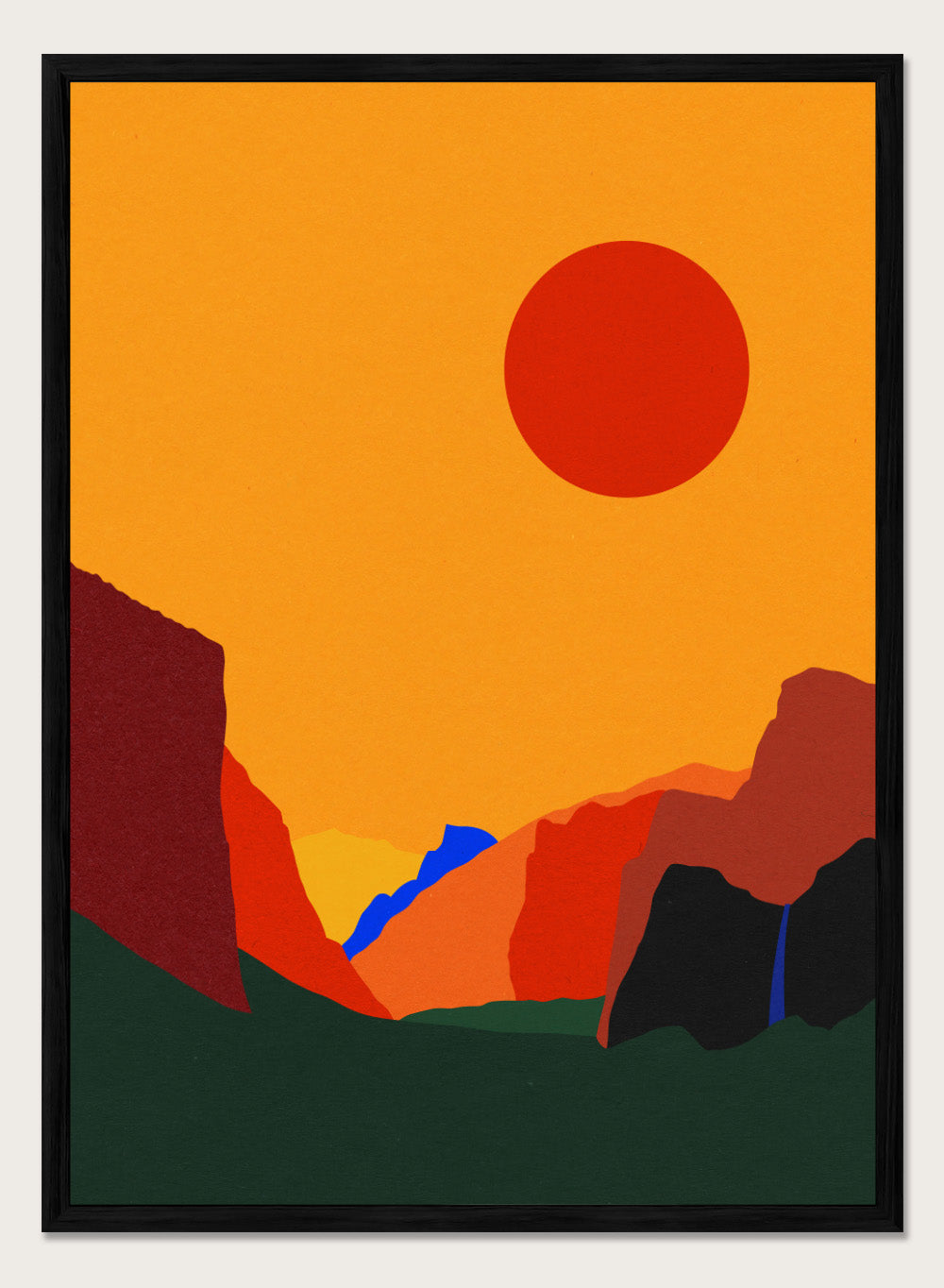 Simplified landscape with red sun, green ground, and brown cliffs. Yosemite Valley by Rosi Feist is a modern minimalist landscape fine art print featuring bold cliffs and a graphic sun. Officially licensed wall poster with optional artisan framing.