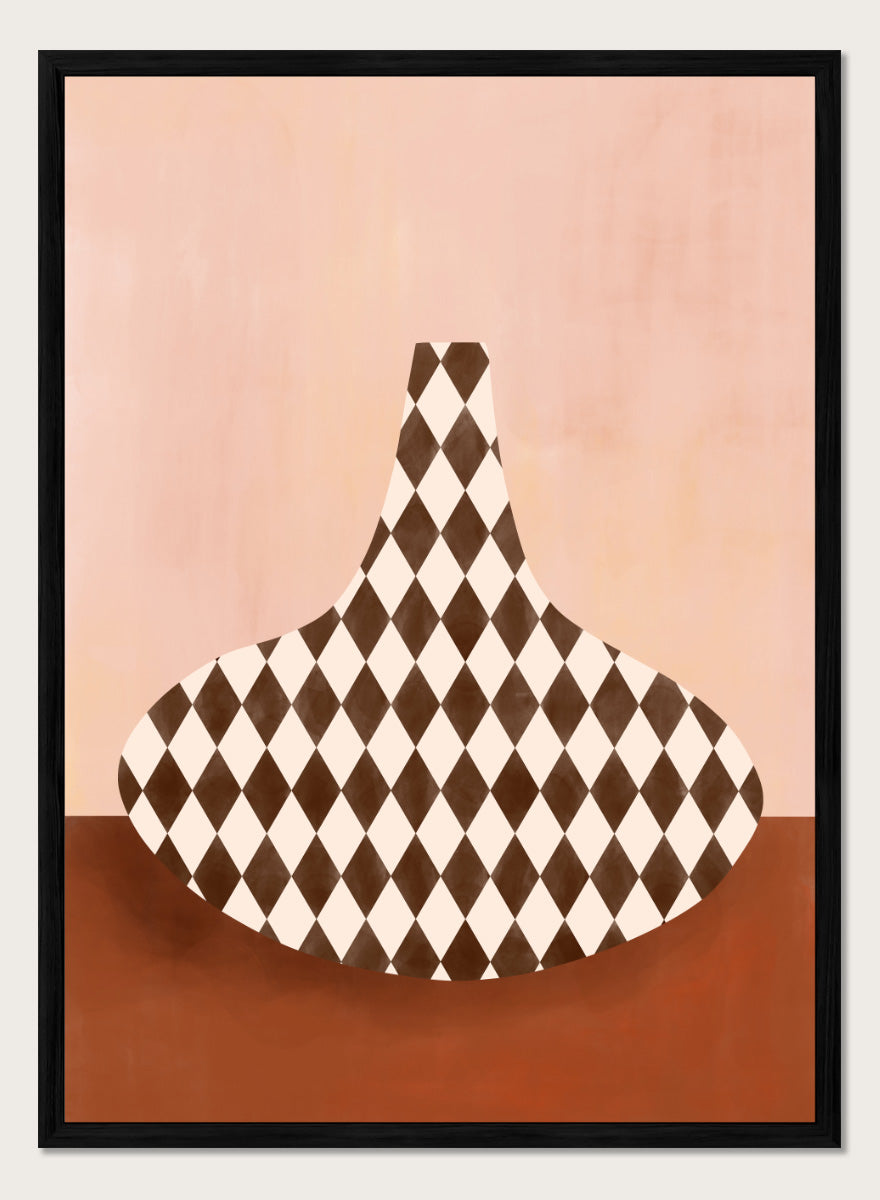Shop Abstract Harlequin Vase by Elena Ristova, a modern wall art print poster featuring a brown-and-cream diamond vase against a soft pink background.
