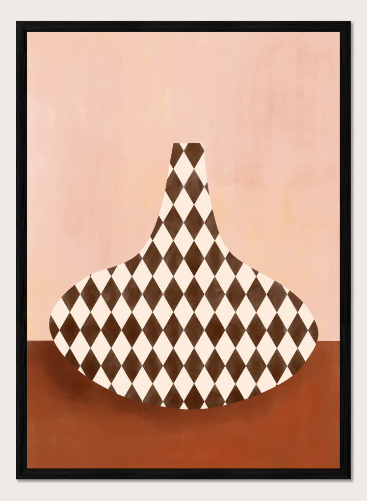 Shop Abstract Harlequin Vase by Elena Ristova, a modern wall art print poster featuring a brown-and-cream diamond vase against a soft pink background.