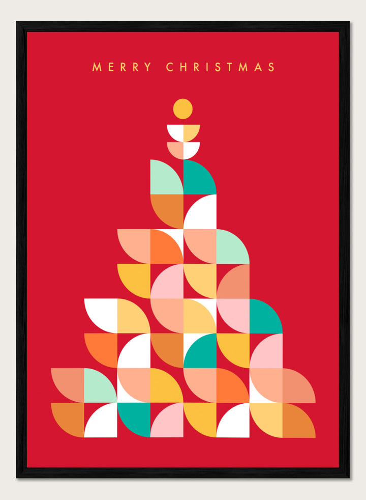 Shop Geometric Christmas Tree by Dominique Vari, a colorful Christmas wall art print poster featuring a retro geometric tree in red, pink, orange, teal, and yellow.