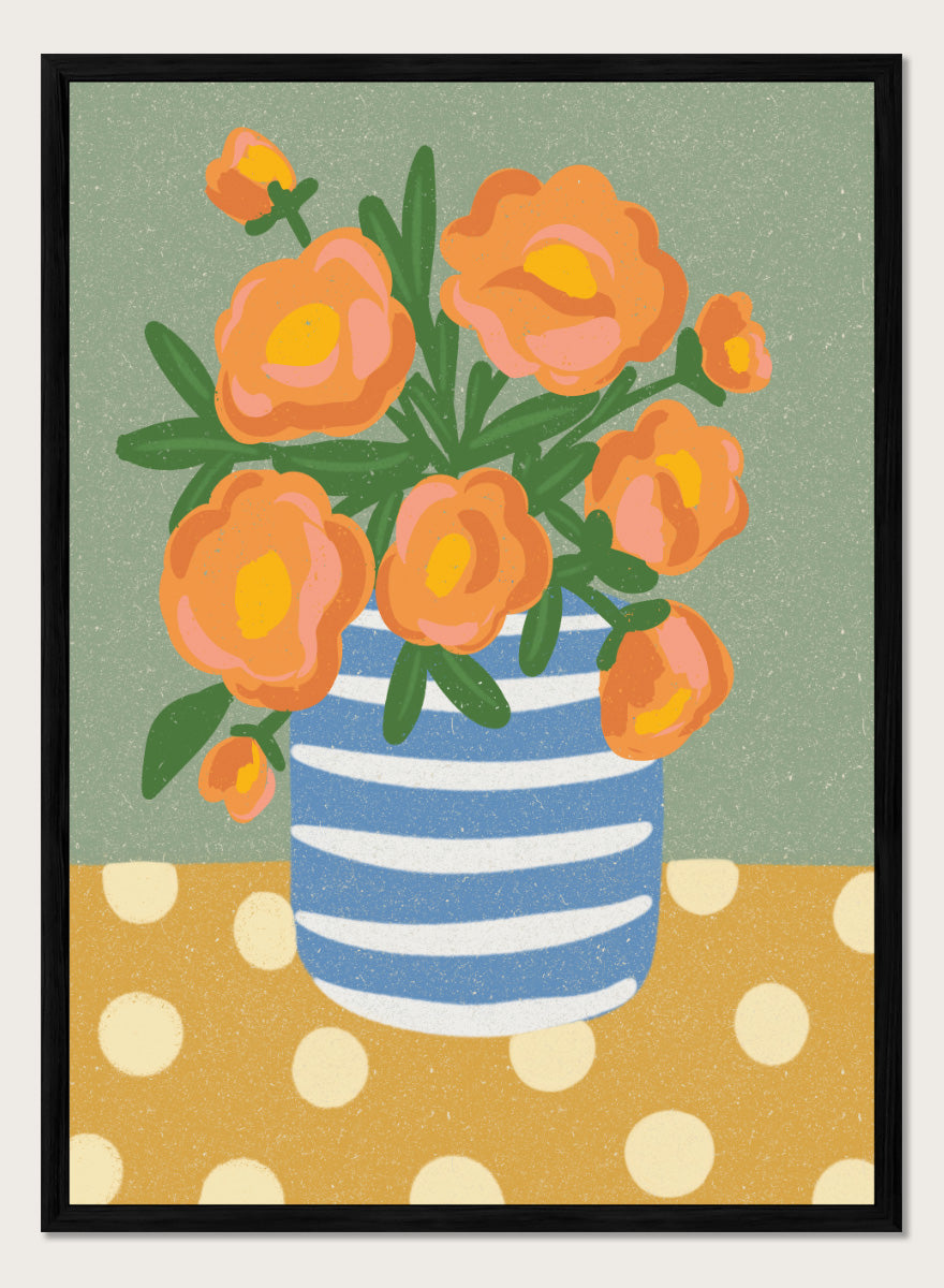 Shop Orange Floral Still Life by Nikita Jariwala, a floral wall art print poster featuring orange flowers in a blue striped vase with playful botanical details.