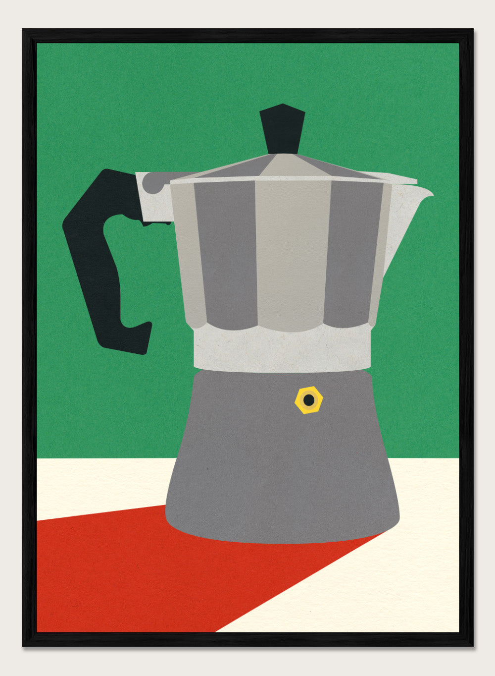 Stylized illustration of a Moka pot on a green, white, and red background. Stylized illustration of a Moka pot on a green, white, and red background. Espresso Italiano by Rosi Feist is a minimalist moka pot kitchen art print with Bauhaus-inspired color. Officially licensed modern poster with framing.