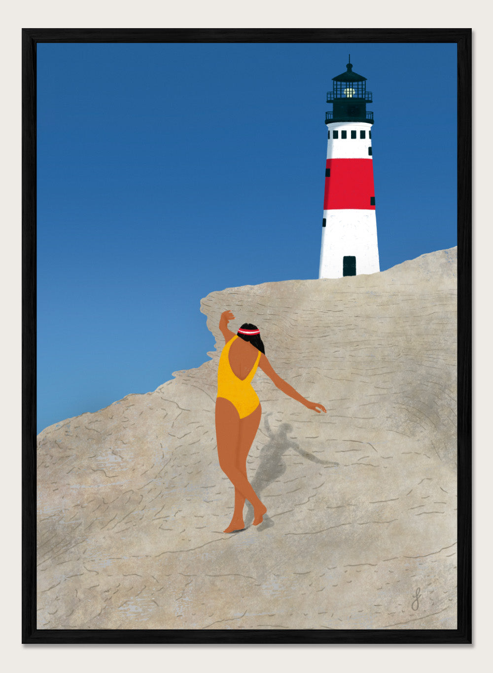 Woman in a yellow swimsuit standing on a rocky outcrop with a lighthouse in the background. My Beach by Jota de Jai is a modern coastal wall art print featuring a woman in a yellow swimsuit and a lighthouse. Officially licensed fine art poster with optional wood frame.
