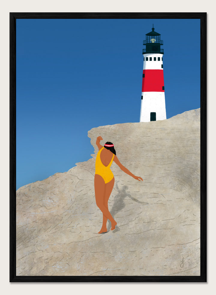 Woman in a yellow swimsuit standing on a rocky outcrop with a lighthouse in the background. My Beach by Jota de Jai is a modern coastal wall art print featuring a woman in a yellow swimsuit and a lighthouse. Officially licensed fine art poster with optional wood frame.
