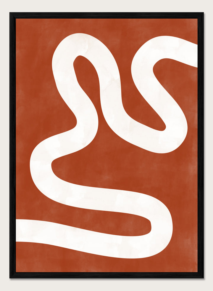 White wavy line on a red background. Crimson Pathways art print by Elena Ristova featuring a flowing white abstract line on a rust red background. Officially licensed modern abstract wall poster.