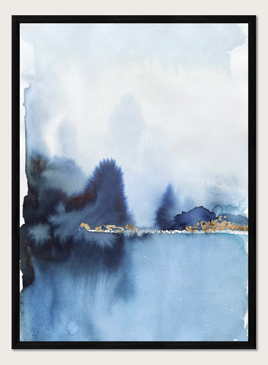 Shop Golden Horizon Blue Landscape by Helena Ryhle, a watercolor landscape wall art print poster with misty blue scenery and a striking gold horizon.
