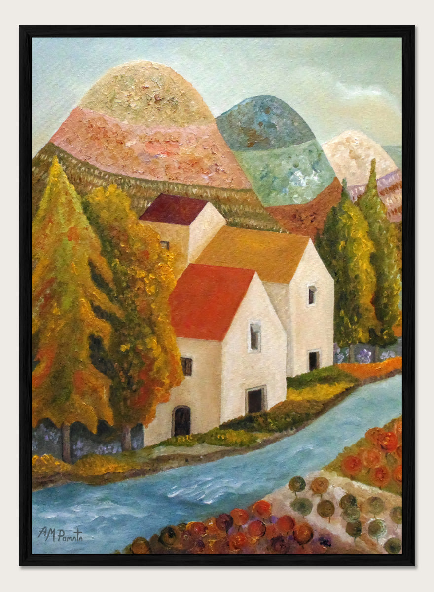 Shop Autumn Village River by Angeles M. Pomata, an autumn landscape art print featuring a blue river, white village houses, colorful trees, and rolling hills.