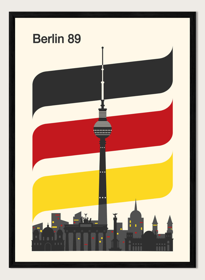 A minimalist travel poster for Berlin 1989, featuring the Fernsehturm TV tower and city skyline against a cream background, with stylized German flag stripes in black, white, red, and yellow. Berlin 89 German Skyline by Retrodrome travel art print featuring the Fernsehturm, Berlin skyline, German flag colors, and bold retro poster design.