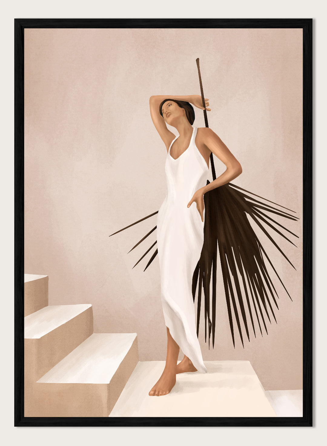 Woman in a white dress standing on a staircase with a palm leaf design. Elegant Tropical Serenity by City Art features a woman in a flowing white dress and palm leaves, bringing organic living, tropical style, and warm neutral tones into the home.