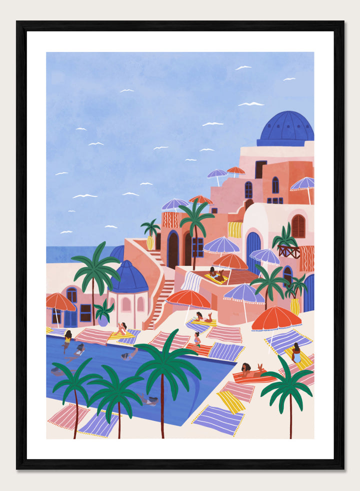 A stylized art print depicting a Mediterranean resort scene with palm trees, beach umbrellas, lounge chairs, a swimming pool, and pastel-colored buildings under a light blue sky. Mediterranean Poolside Retreat by Ceyda Alasar travel art print featuring a colorful coastal resort, palm trees, sunbathers, striped umbrellas, and sea views.