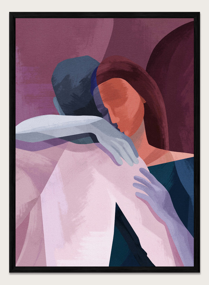 Artistic illustration of two people embracing with abstract background. In This Together by Goed Blauw is a modern abstract figure art print and wall poster featuring two people in an intimate embrace with layered soft colors.