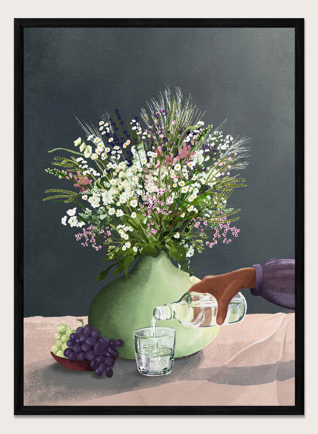 Still life with a green vase of flowers, grapes, and a glass being filled with a bottle. Frivolous Afternoon by Goed Blauw is a modern still life art print and wall poster featuring wildflowers, grapes, and a quiet pouring moment in soft, muted tones.