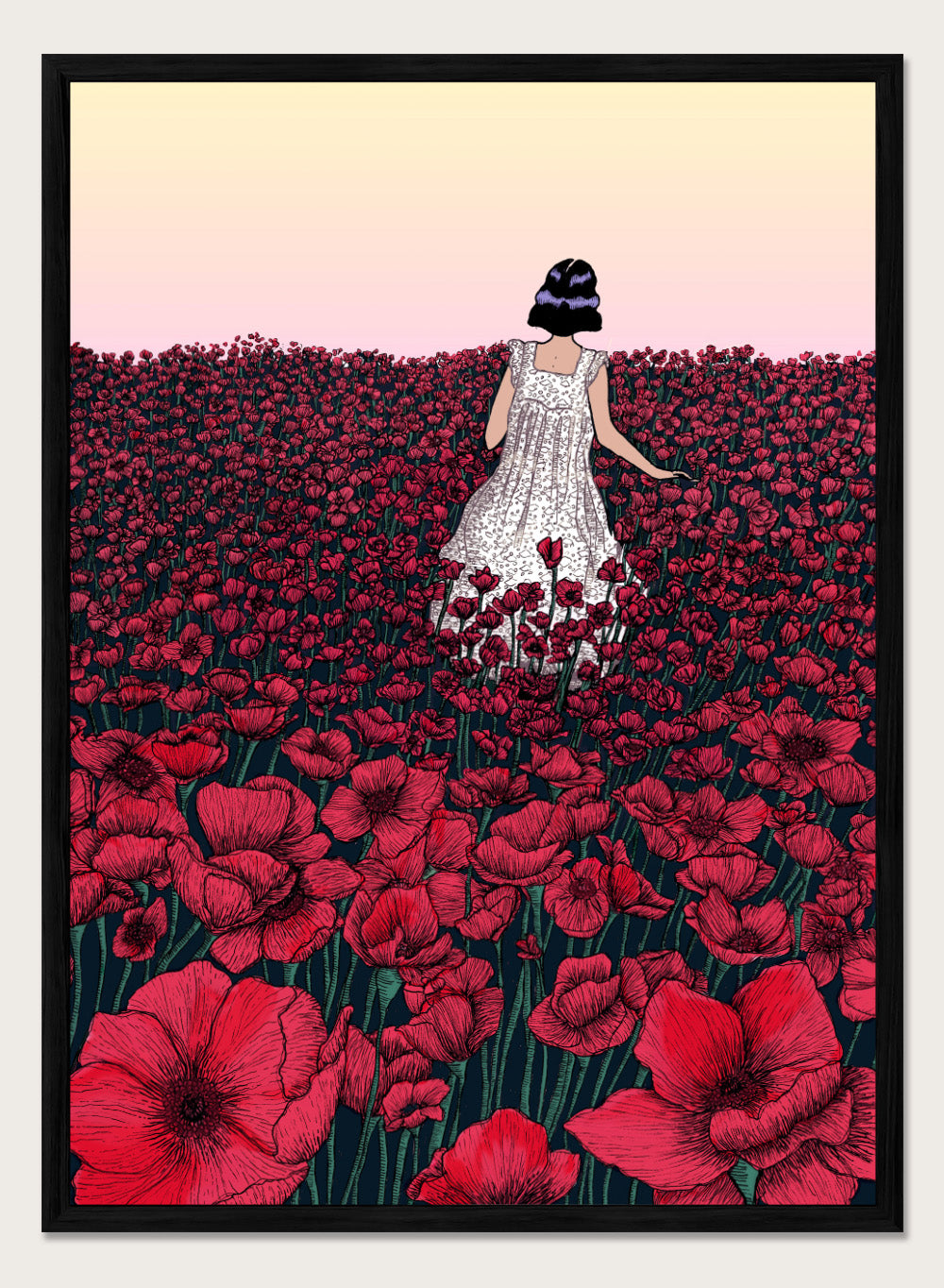 Woman in a white dress standing in a field of red flowers with a gradient sky. Field of Poppies by E.C. Mazur is an officially licensed art print featuring a woman standing in a red poppy field. Illustrated landscape wall poster.