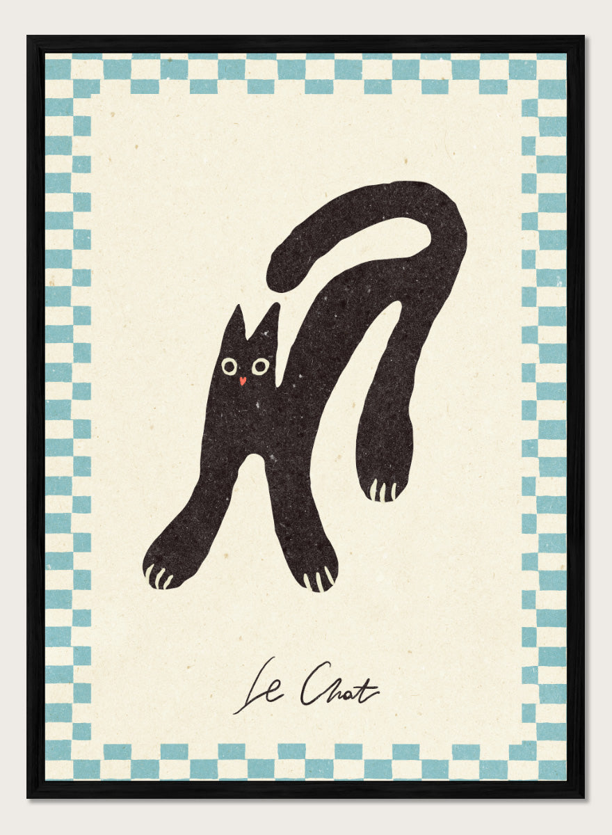 Shop Le Chat by NKTN, a playful black cat wall art print poster featuring a quirky stretched cat, checkerboard border, and vintage-inspired graphic style.