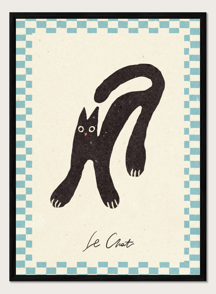 Shop Le Chat by NKTN, a playful black cat wall art print poster featuring a quirky stretched cat, checkerboard border, and vintage-inspired graphic style.