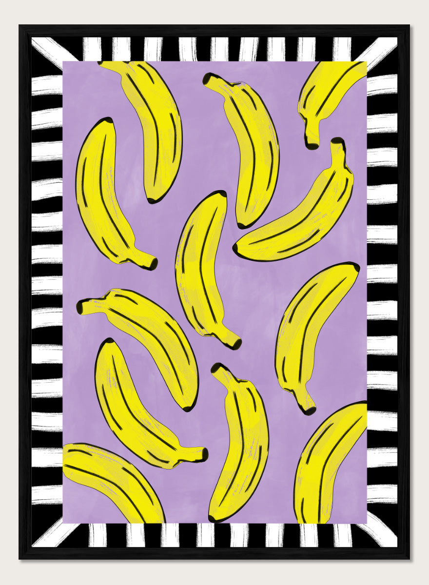 Shop Playful Banana Scatter by Elena Ristova, a banana wall art print poster in yellow, purple, black, and white with a bold striped border.