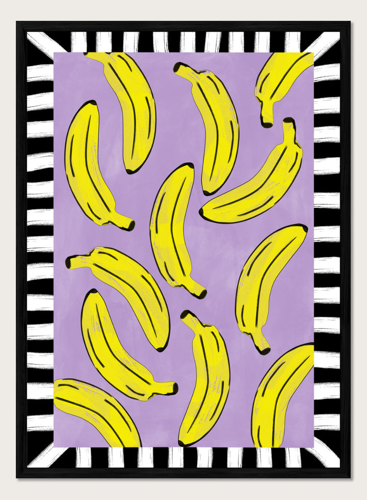 Shop Playful Banana Scatter by Elena Ristova, a banana wall art print poster in yellow, purple, black, and white with a bold striped border.