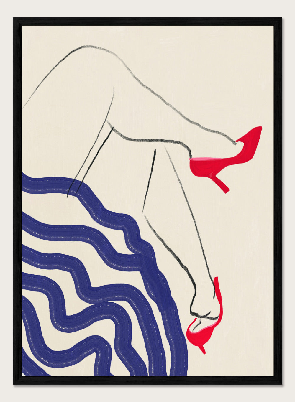 Crimson Heels Dance art print by Little Dean. Contemporary abstract figure wall art featuring bold red heels, fluid movement, minimalist illustration, and modern poster design.