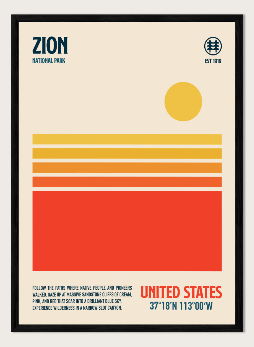 A minimalist Zion National Park poster with a cream background, dark blue text, a yellow sun, and horizontal stripes in cream, orange, and red. The bottom right reads &