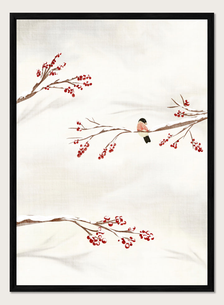 Shop Winter Bird With Berries by Nikita Jariwala, a winter bird wall art poster print featuring snowy branches, red berries, soft neutrals, and delicate seasonal detail.