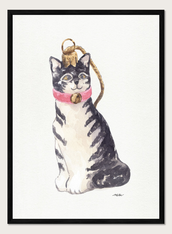 Shop Cute Tabby Ornament by NKTN, a festive cat wall art print poster featuring a gray tabby in a pink collar with a gold bell and Christmas ornament detail.