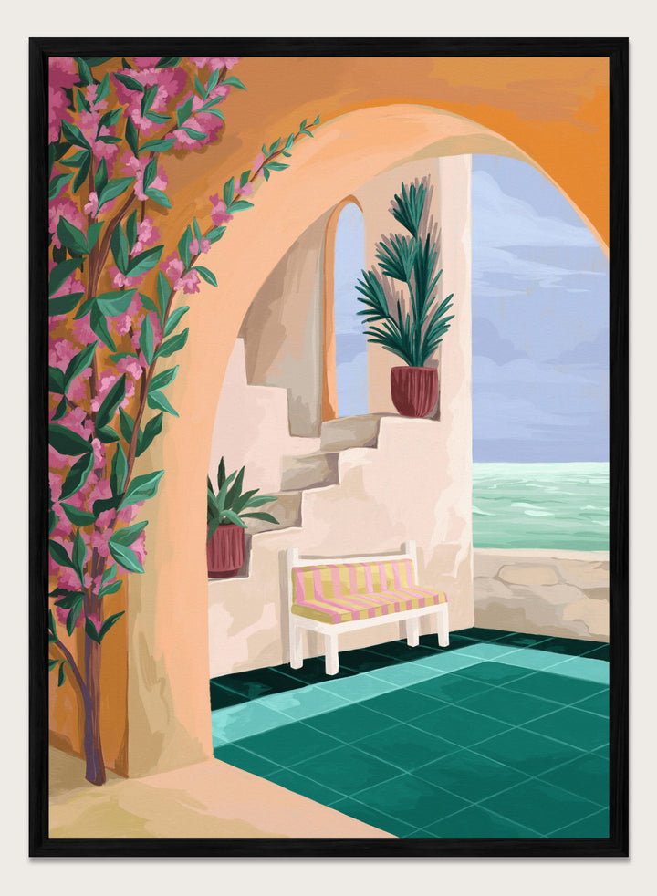 Decorative interior scene with an arch, bench, and ocean view. Bench with a View by Goed Blauw is a coastal art print and wall poster featuring an arched terrace, striped bench, and ocean view with warm tones.