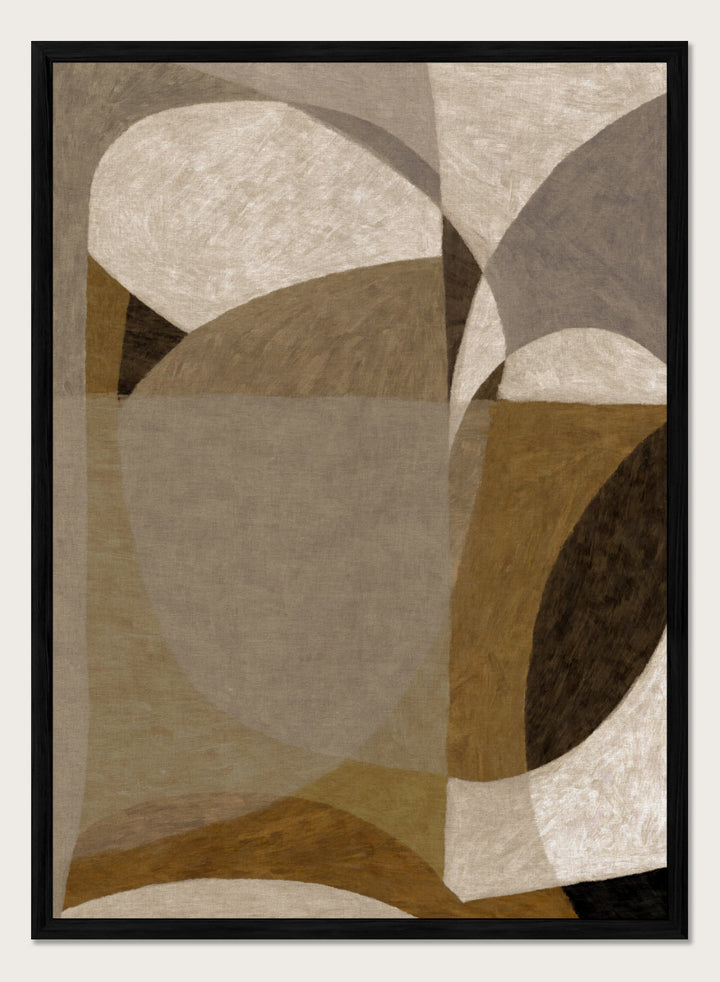 An abstract geometric area rug featuring overlapping organic shapes in shades of taupe, beige, brown, and charcoal gray. Shop Earthy Abstract Shapes by Dan Hobday, a neutral abstract art print featuring layered organic forms, warm earthy tones, and soft textured detail.