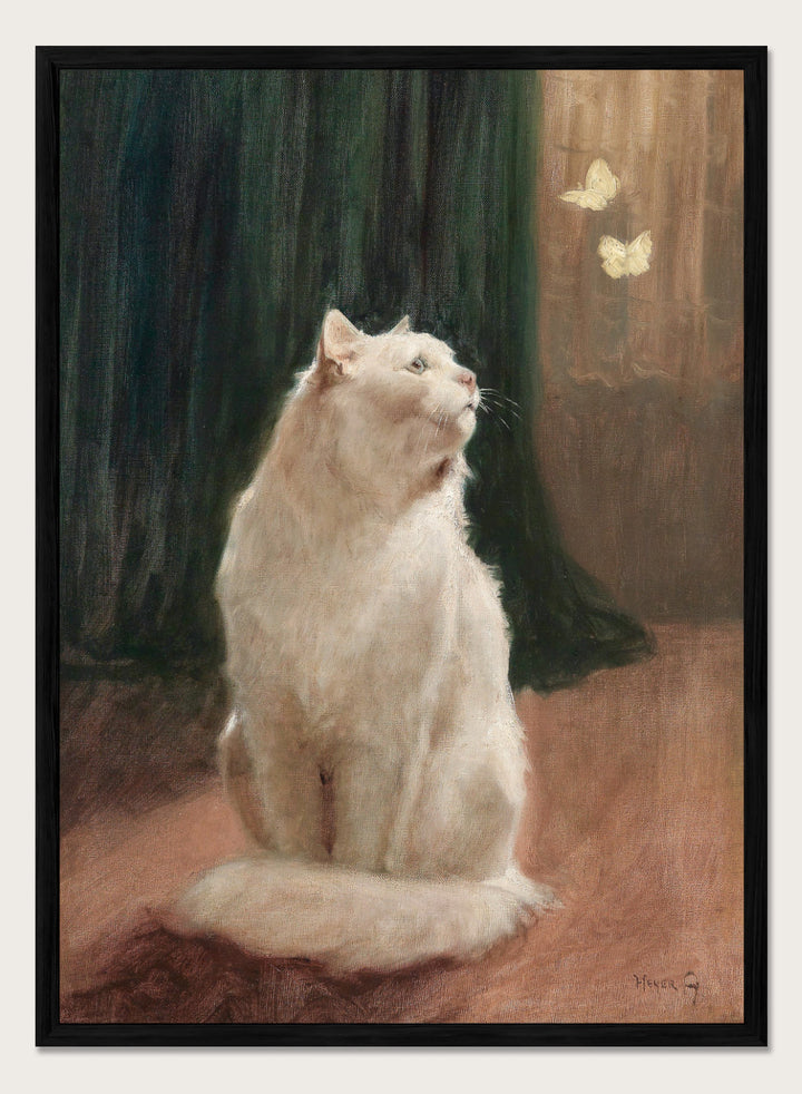 "White Cat with Two Butterflies" Art Print