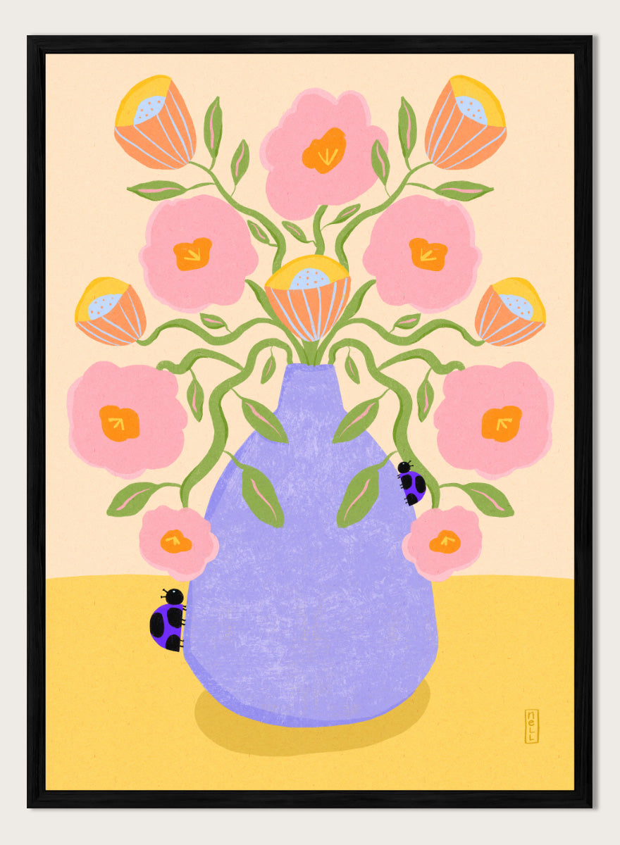 A stylized floral art print showing pink flowers with orange centers and green stems arranged in a light purple vase on a pale yellow surface. Shop Pink Flowers Ladybugs by Dirkie Nell, a colorful floral art print featuring pink flowers, a lavender vase, green stems, and playful ladybugs.