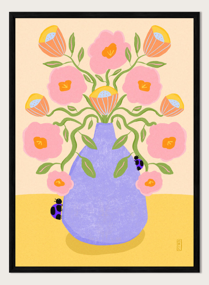 A stylized floral art print showing pink flowers with orange centers and green stems arranged in a light purple vase on a pale yellow surface. Shop Pink Flowers Ladybugs by Dirkie Nell, a colorful floral art print featuring pink flowers, a lavender vase, green stems, and playful ladybugs.