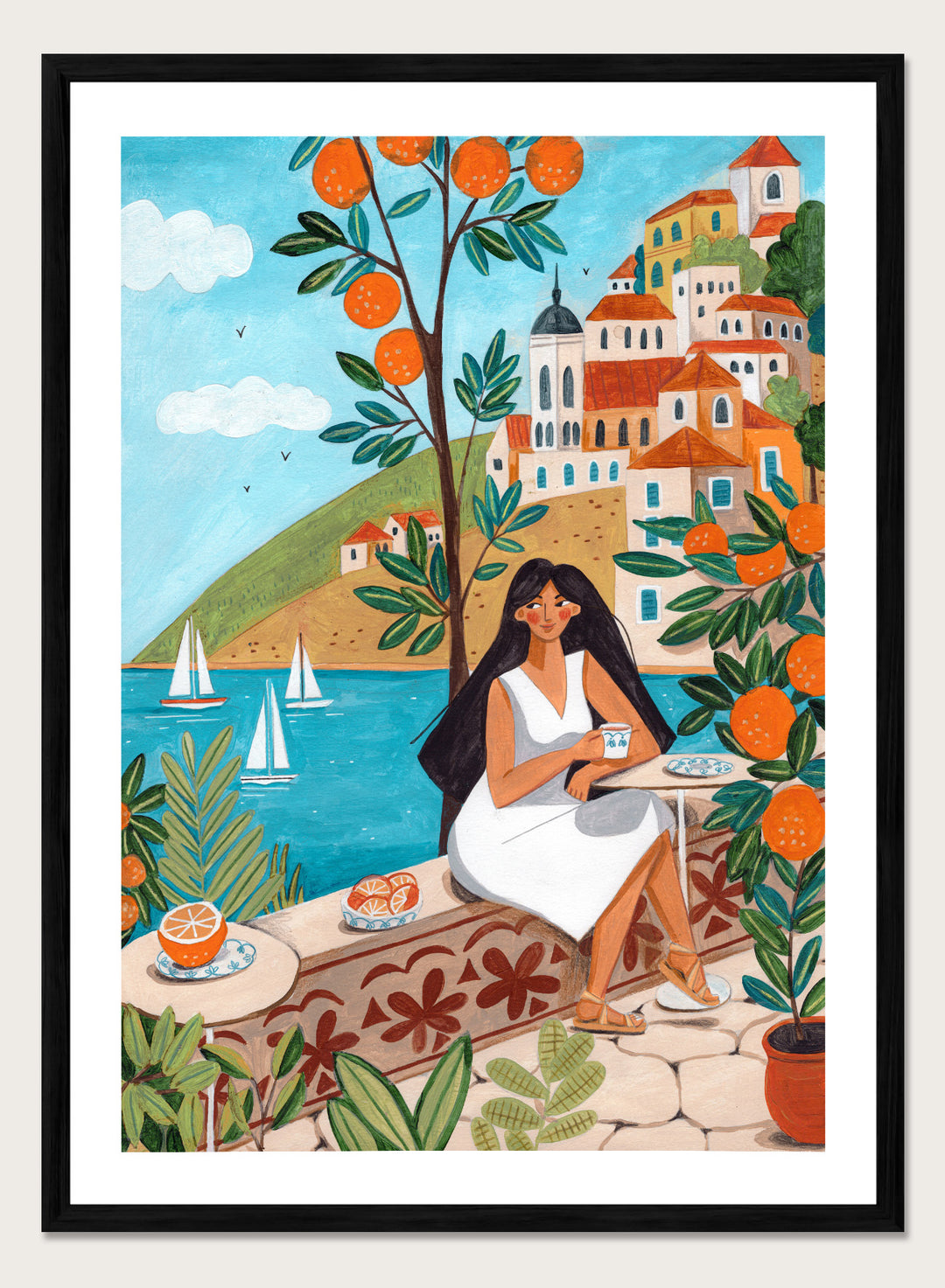 Woman in a white dress sitting under an orange tree with a scenic coastal town in the background. Mediterranean Orange Grove View by Caroline Bonne Müller fine art print, wall art poster with coastal scene, orange trees, modern aesthetic design