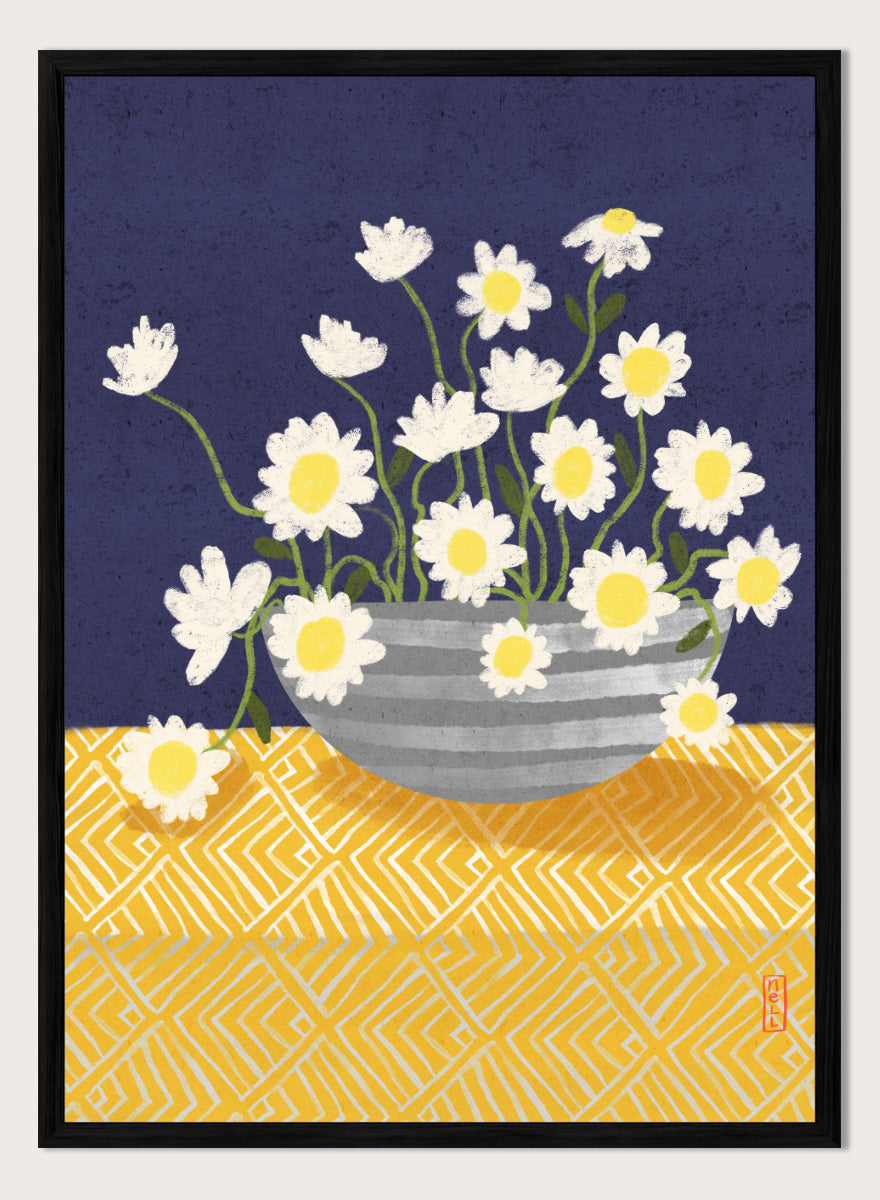 A stylized floral still life artwork showing white daisies with yellow centers in a gray striped bowl, set against a dark navy background and a yellow patterned surface. Shop Cheerful Daisy Arrangement by Dirkie Nell, a colorful floral art print featuring white daisies, a striped vase, navy blue background, and mustard yellow pattern.