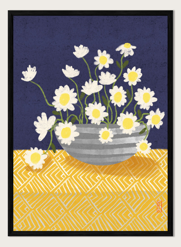 A stylized floral still life artwork showing white daisies with yellow centers in a gray striped bowl, set against a dark navy background and a yellow patterned surface. Shop Cheerful Daisy Arrangement by Dirkie Nell, a colorful floral art print featuring white daisies, a striped vase, navy blue background, and mustard yellow pattern.
