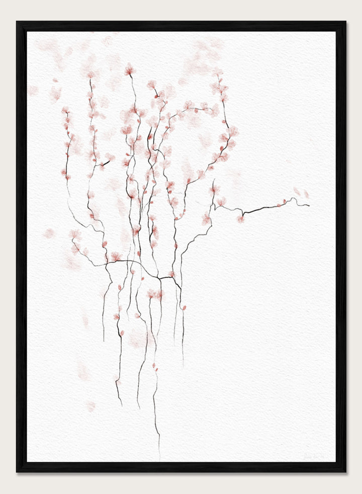 Art print of cherry blossom branches with pink flowers on a white background. Blooming Spring by Ankie Kooi art print featuring delicate pink blossoms, thin branches, watercolor florals, minimalist botanical illustration, soft nature wall poster.