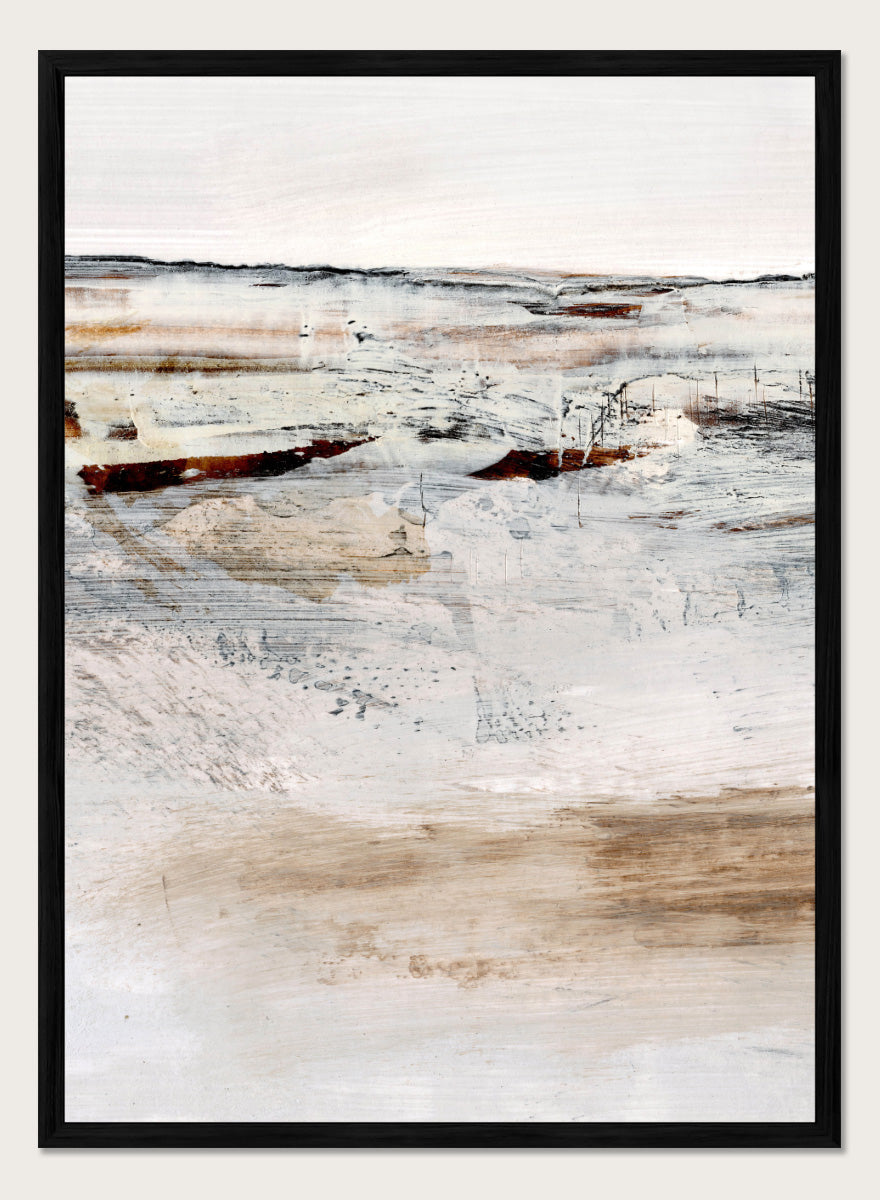 Shop August No. 01 by Dan Hobday, an abstract landscape art print featuring soft neutral tones, rust accents, layered brushwork, and an open windswept feel.