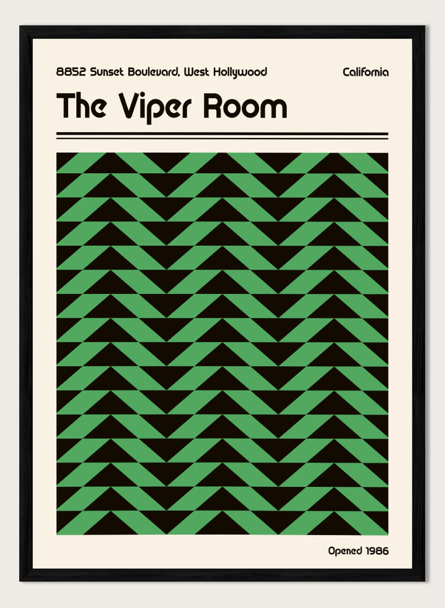 A poster-style graphic for The Viper Room, showing a cream background with black text reading the venue name and address, plus a large central green-and-black geometric pattern of repeating triangles. &