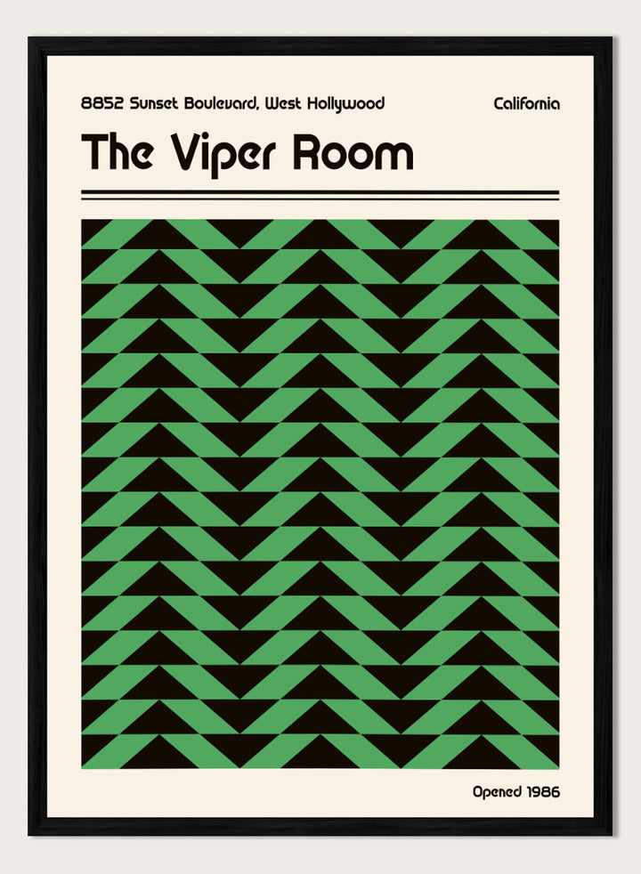 A poster-style graphic for The Viper Room, showing a cream background with black text reading the venue name and address, plus a large central green-and-black geometric pattern of repeating triangles. &