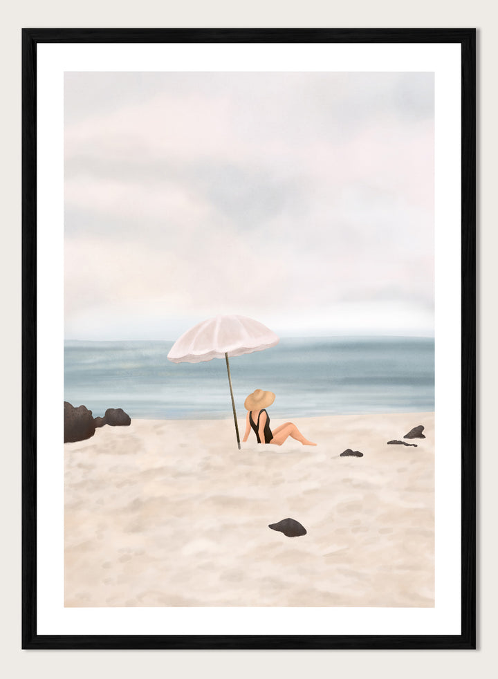 Woman under an umbrella on a beach with a calm ocean and sky. Serene Beach Scene by Flow Line is a coastal art print featuring a woman by the ocean, beach umbrella, seaside illustration, and summer wall art.