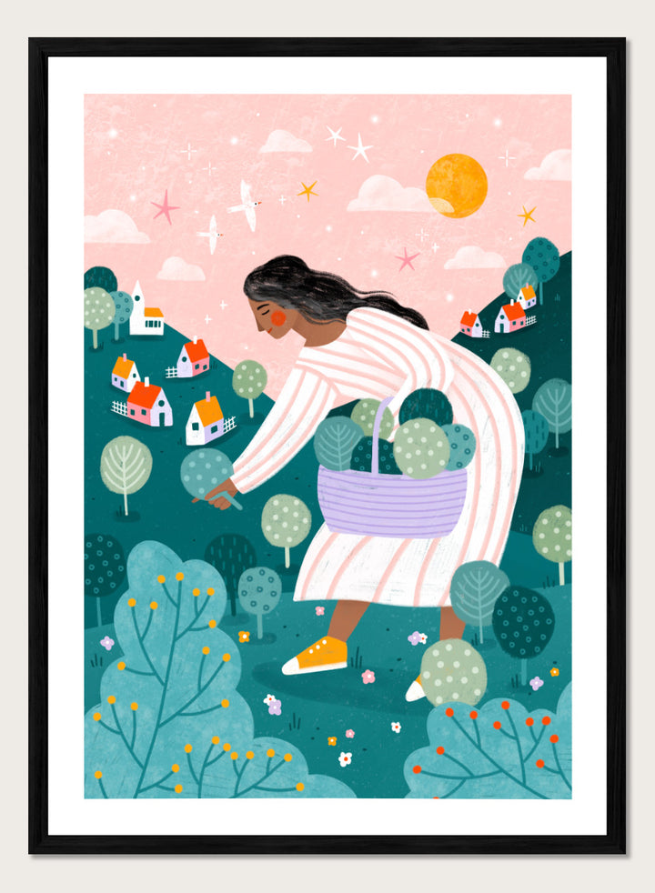 Shop Idyllic Village Gathering by Bea Müller, a figurative wall art print poster featuring a woman in a whimsical village landscape beneath a pink sky.