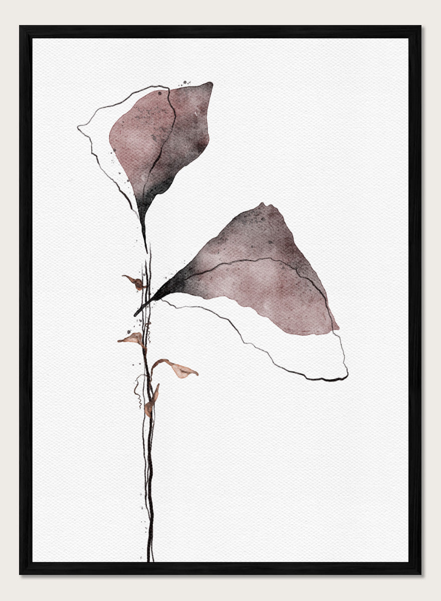 Abstract watercolor floral art print featuring two muted mauve-brown flower shapes on a thin black stem against a white textured background. Shop Muted Botanical Abstraction by Ankie Kooi, an abstract botanical wall art print poster with watercolor leaves, minimalist line art, purple, brown, and cream.