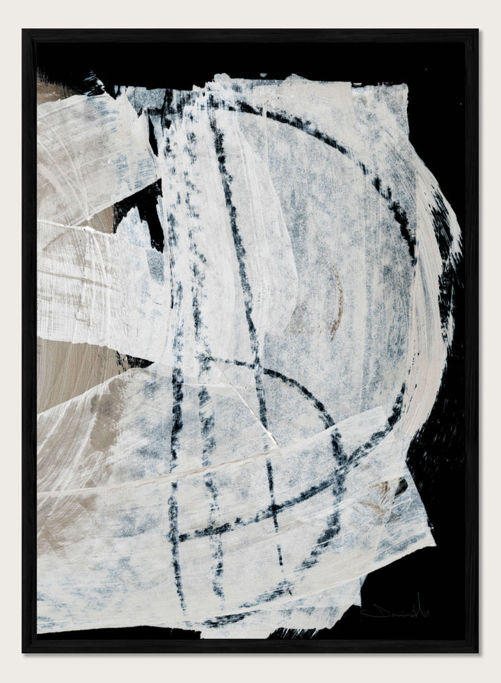 Shop Mind No.02 by Dan Hobday, an abstract wall art print poster featuring sweeping white brushwork, black contrast, and soft blue-beige texture.