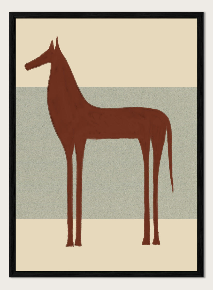 Minimalist Brown Horse by The Art Concept animal art print featuring a tall brown horse, elongated proportions, and a soft cream and blue-grey background.
