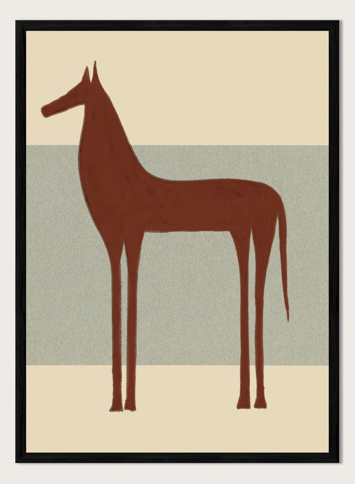 Minimalist Brown Horse by The Art Concept animal art print featuring a tall brown horse, elongated proportions, and a soft cream and blue-grey background.